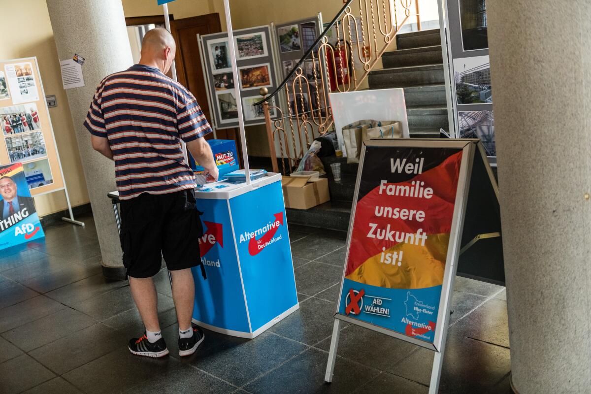 A supporter of the Alternative for Germany (AfD) during an election campaign gathering ahead of state elections in the state of Brandenburg in Plessa, Germany.