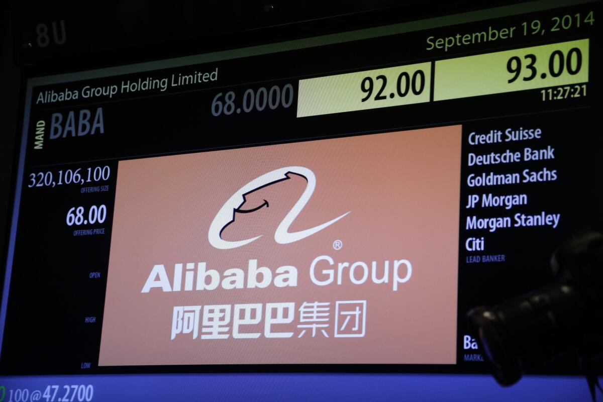 ARCHIVO - Una pantalla muestra los precios de las acciones de Alibaba 