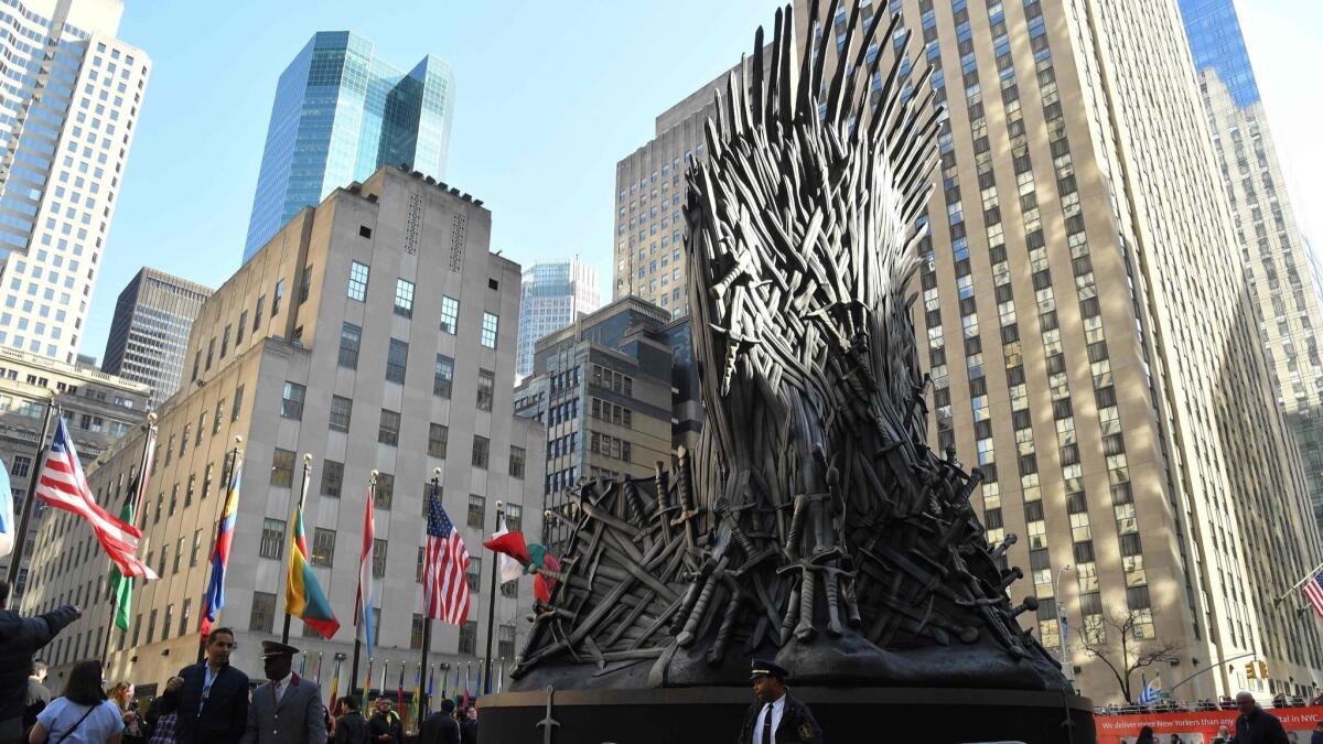 A giant Iron Throne on display ahead of the "Game of Thrones" premiere on Wednesday.