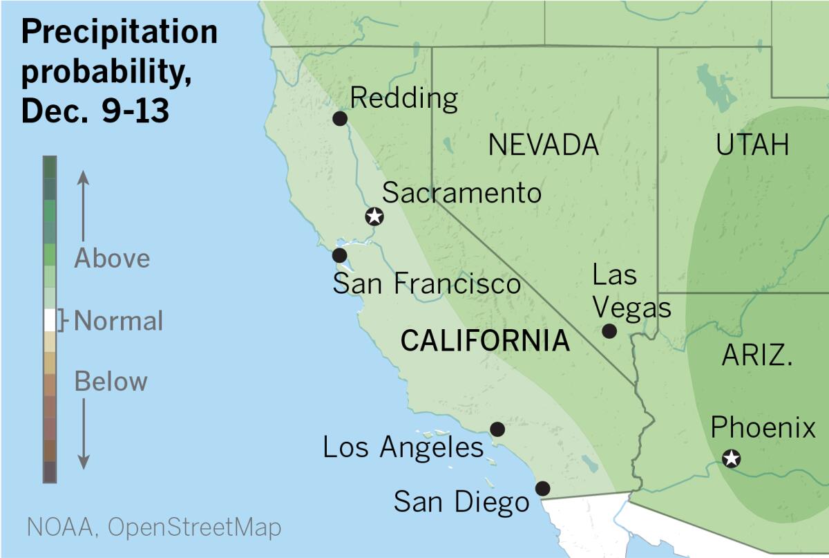 Map of the western U.S. showing the precipitation probability for Dec. 9-13.