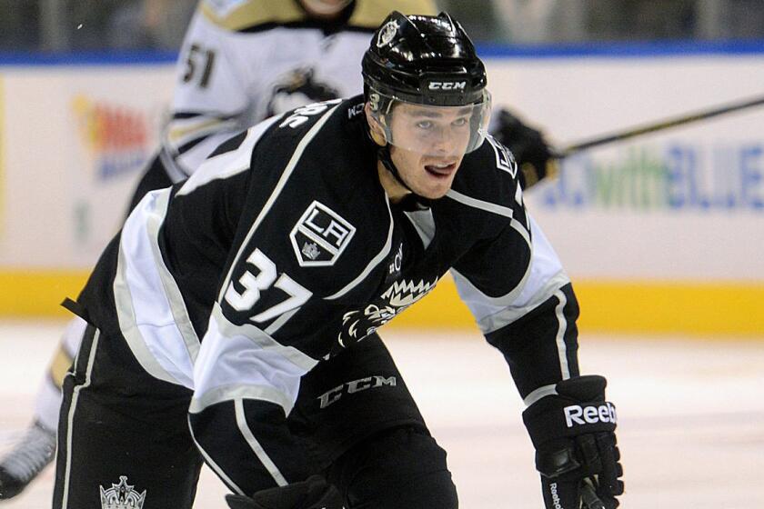 Manchester Monarchs center Nick Shore controls the puck on a breakaway against the Wilkes-Barre/Scranton Penguins during an AHL game on Nov. 22. Shore will make his NHL debut with the Kings on Saturday.