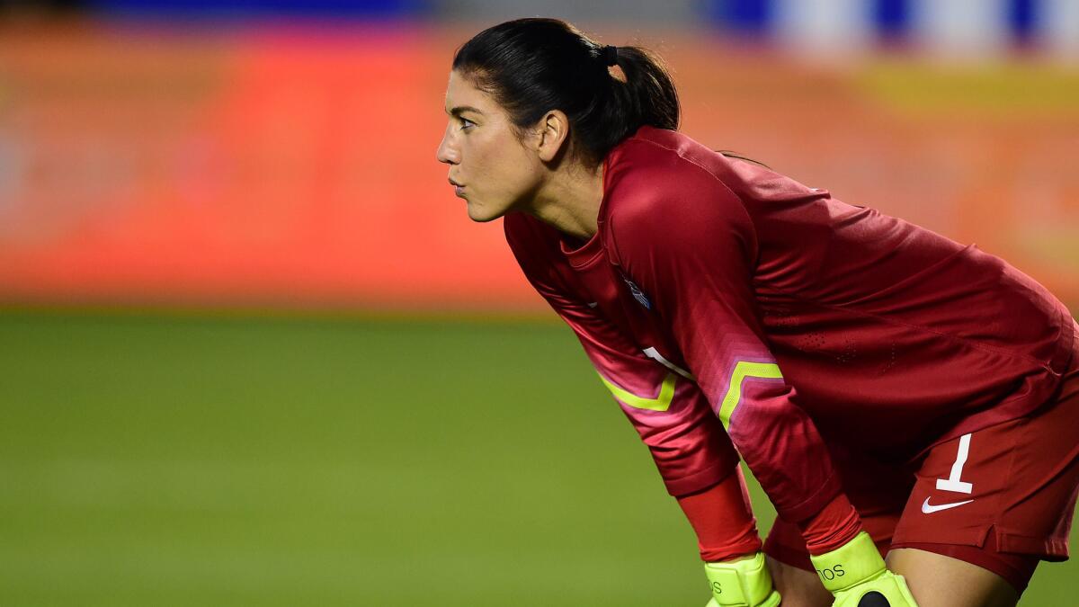 U.S. goalkeeper Hope Solo looks on during a 5-1 victory over Mexico in an international friendly at StubHub Center in Carson on May 17, 2015.