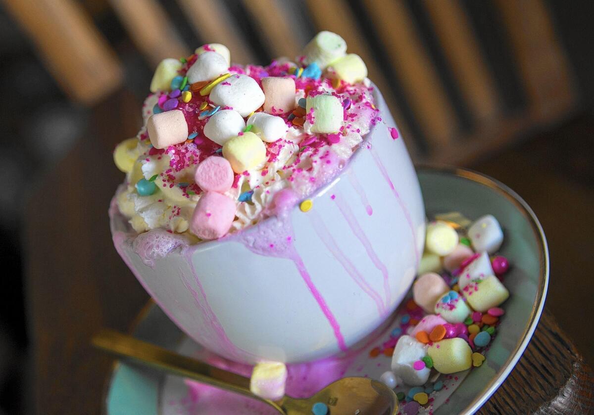 The Unicorn Hot Chocolate from Creme and Sugar, a dessert shop in Anaheim Hills.