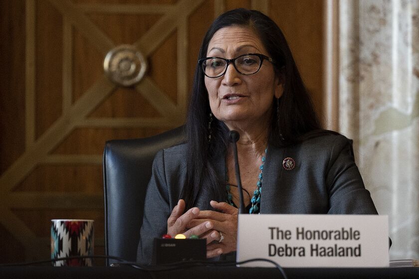 Rep. Deb Haaland, D-N.M., speaks during the Senate Committee on Energy and Natural Resources hearing on her nomination to be Interior Secretary, Tuesday, Feb. 23, 2021 on Capitol Hill in Washington. (Jim Watson/Pool via AP