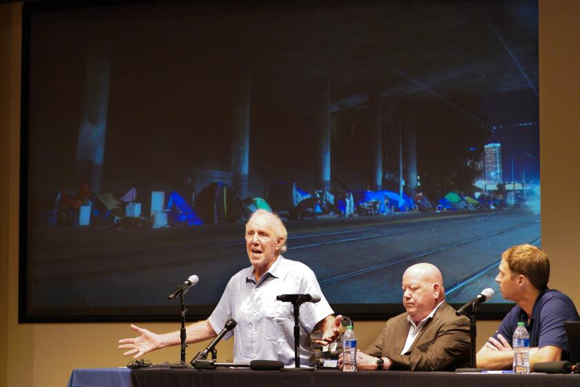 San Diego, CA - September 27: Bill Walton reacts during his statement given about the city’s handling of homelessness . Walton was speaking at the Lucky Duck Lucky Duck Foundation press conference held at USD Kroc Institute for Peace and Justice on Tuesday, Sept. 27, 2022 in San Diego, CA. (Nelvin C. Cepeda / The San Diego Union-Tribune)