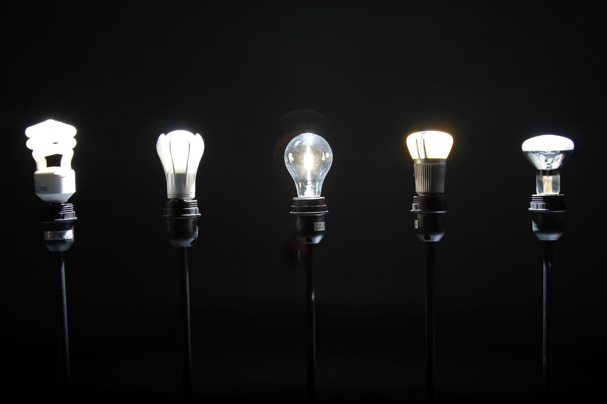 Different types of light bulbs, including incandescent, fluorescent, halogen and LED.