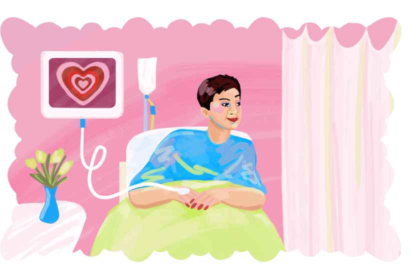 Illustration of a woman in a hospital bed attached to a monitor that shows a drawn heart