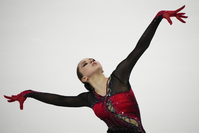 Russia's Kamila Valieva performs in the ladies free skating program during the ISU Grand Prix of Figure Skating Rostelecom Cup in Sochi, Russia, Saturday, Nov. 27, 2021. (AP Photo/Alexander Zemlianichenko)