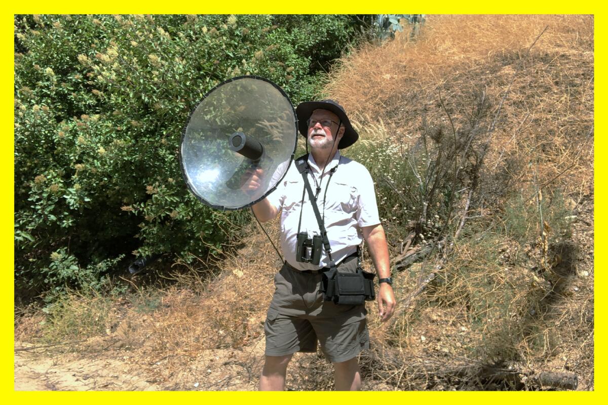 A man records birdsong in the wild.