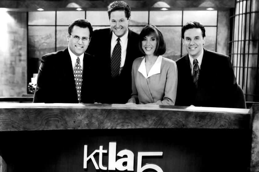 The KTLA Morning News team on the set in 1999. From left: Carlos Amezcua, Sam Rubin, Barbara Beck and Mark Kriski.