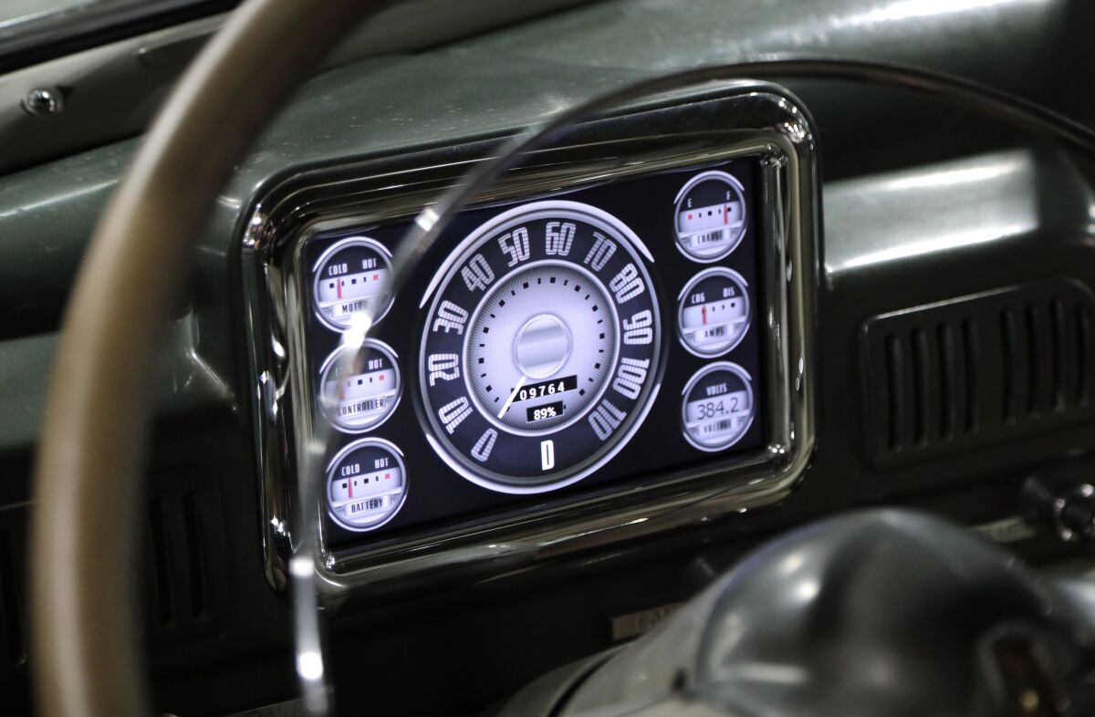 Classic car culture meets green culture in the dashboard of Icon's high-tech/low-tech "Derelict" 1949 Mercury Coupe EV.