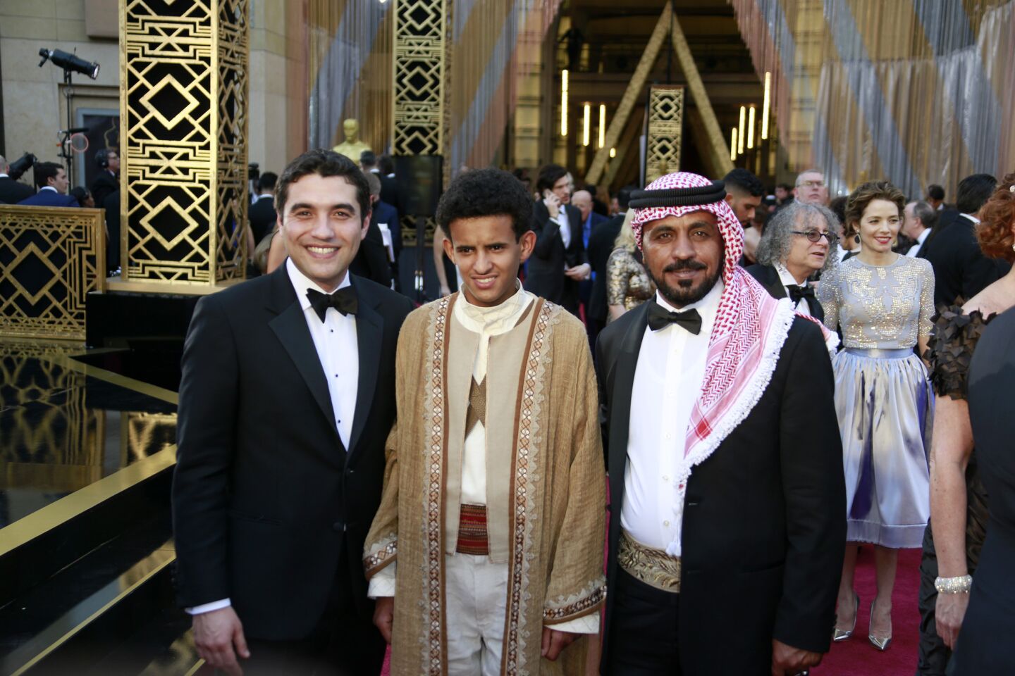 Jordan's foreign-language nominee "Theeb" is represented by, from left, director Naji Abu Nowar and actors Jacir Eid and Hassan Mutlag Al-Maraiyeh.