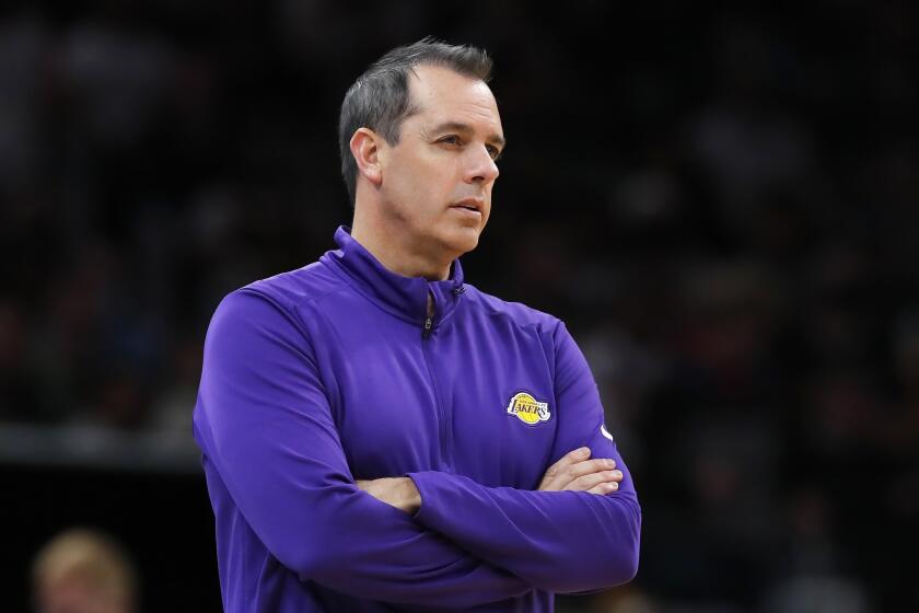 Los Angeles Lakers head coach Frank Vogel during the second half of an NBA basketball game.