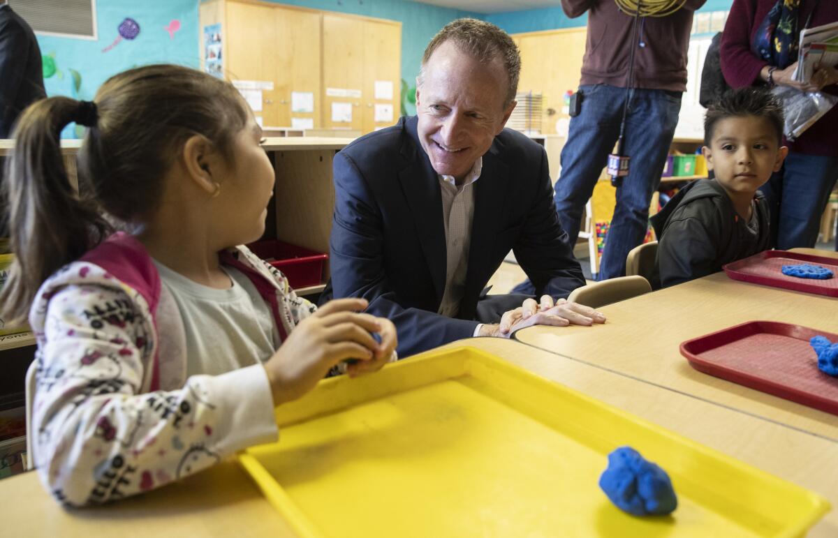 New L.A. schools Supt. Austin Beutner chats with children at Cleveland Early Education Center on his first official day on the job.