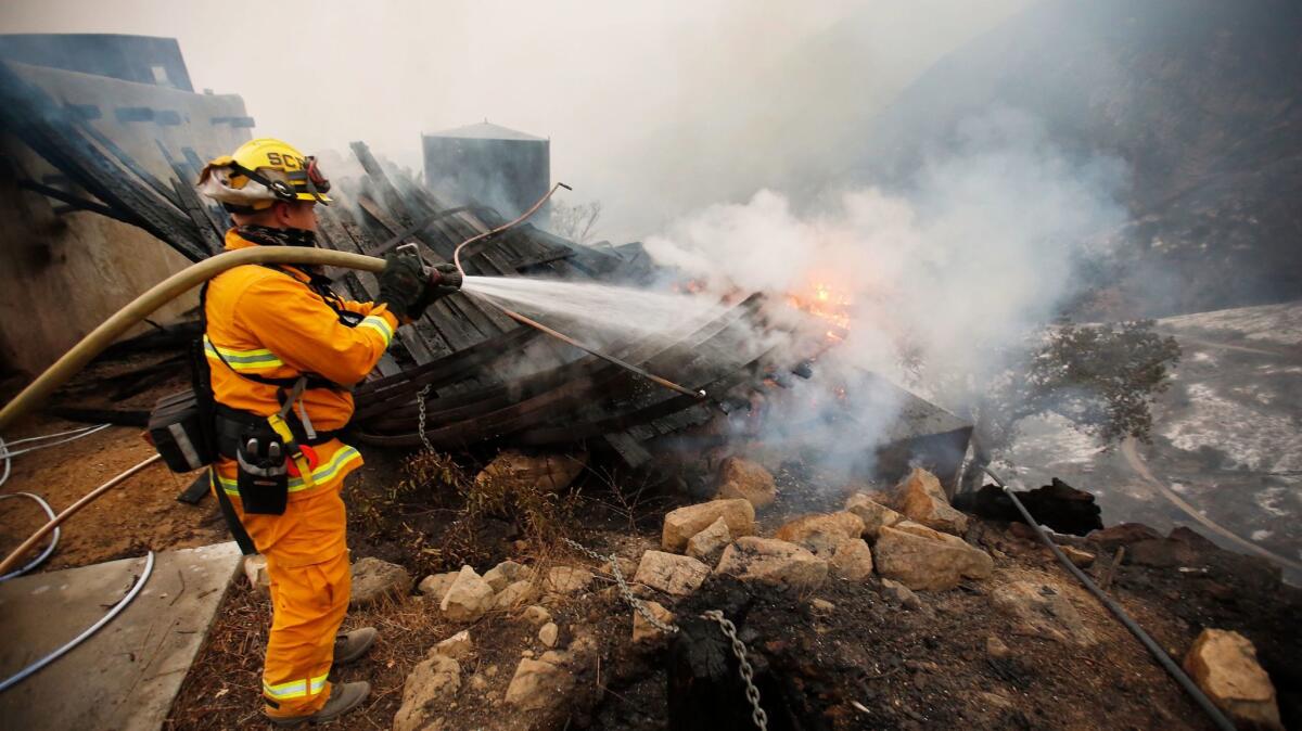 Firefighter Chris Black with the Sacramento Fire Department douses flames Tuesday in Toro Canyon in Carpinteria.