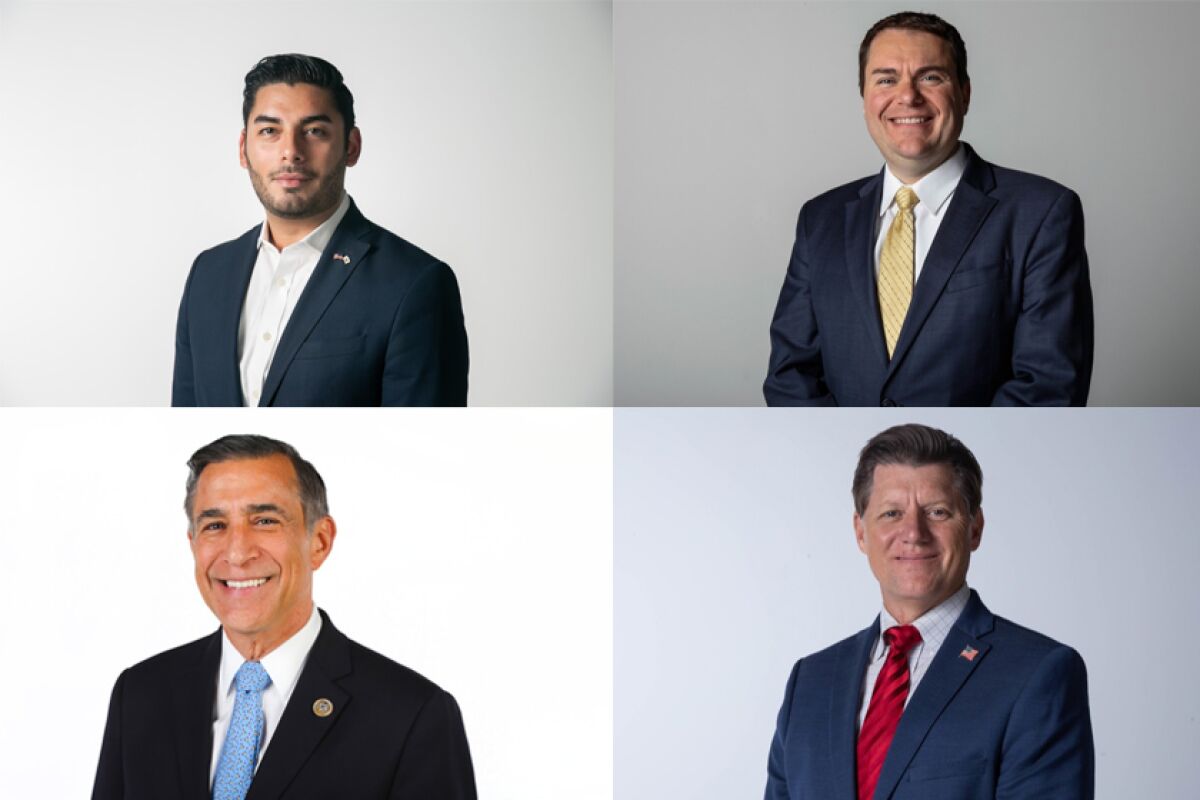 Candidates for the 50th Congressional District include Ammar Campa-Najjar (top left), Carl DeMaio (top right), Darrell Issa (bottom left), and state Sen. Brian Jones (bottom right).