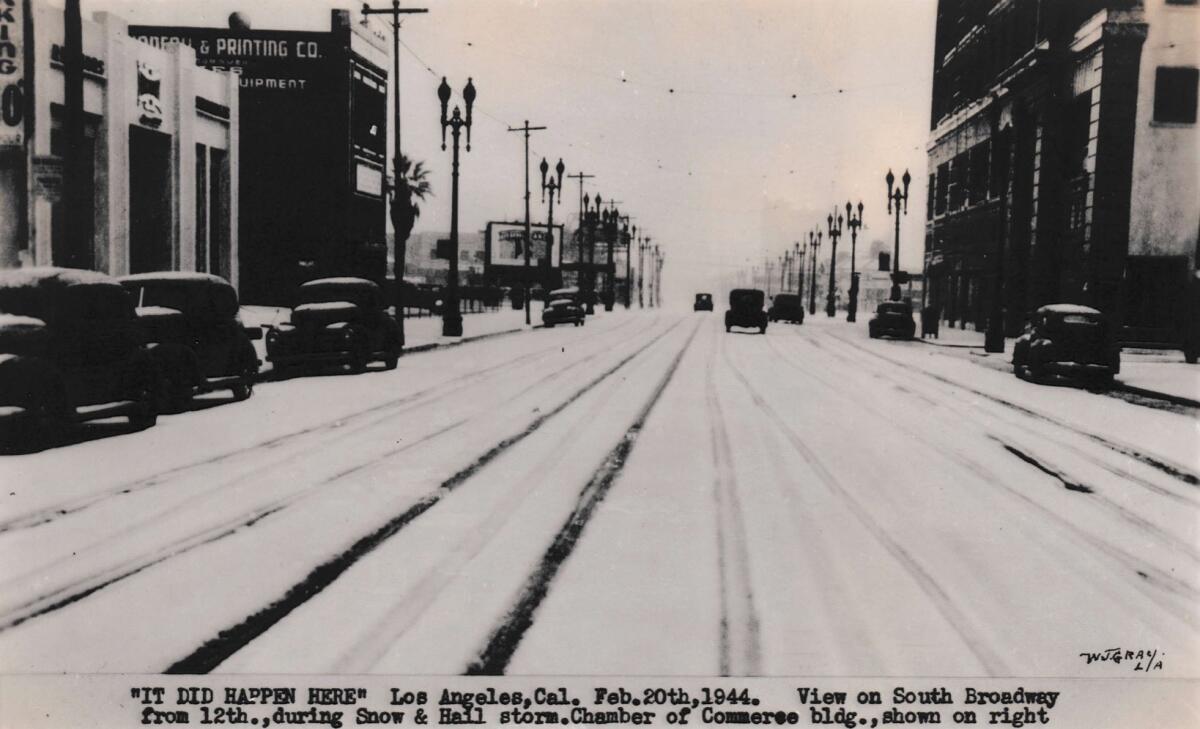 A postcard showing snow on the street of downtown Los Angeles in February 1944.