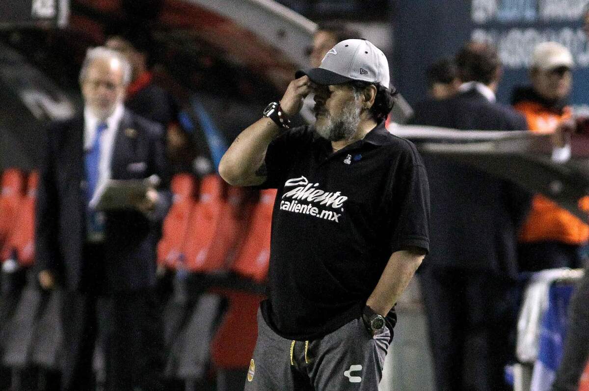 Mexican second division football team Dorados head coach Diego Armando Maradona ggestures during their second leg match of the Mexican second-division finals, at the Alfonso Lastras Ramirez stadium in San Luis Potosi, Mexico, on May 5, 2019.
