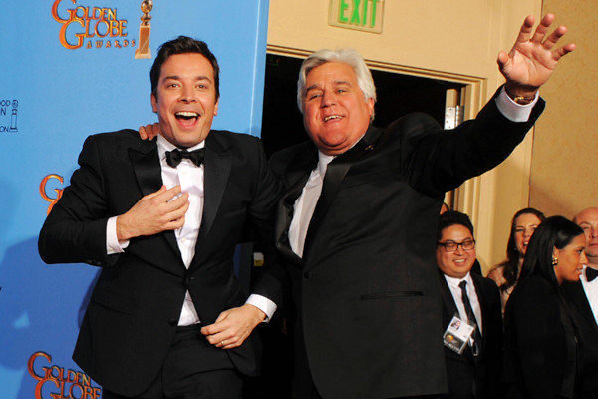 Jimmy Fallon and Jay Leno have a laugh at the 2013 Golden Globes.