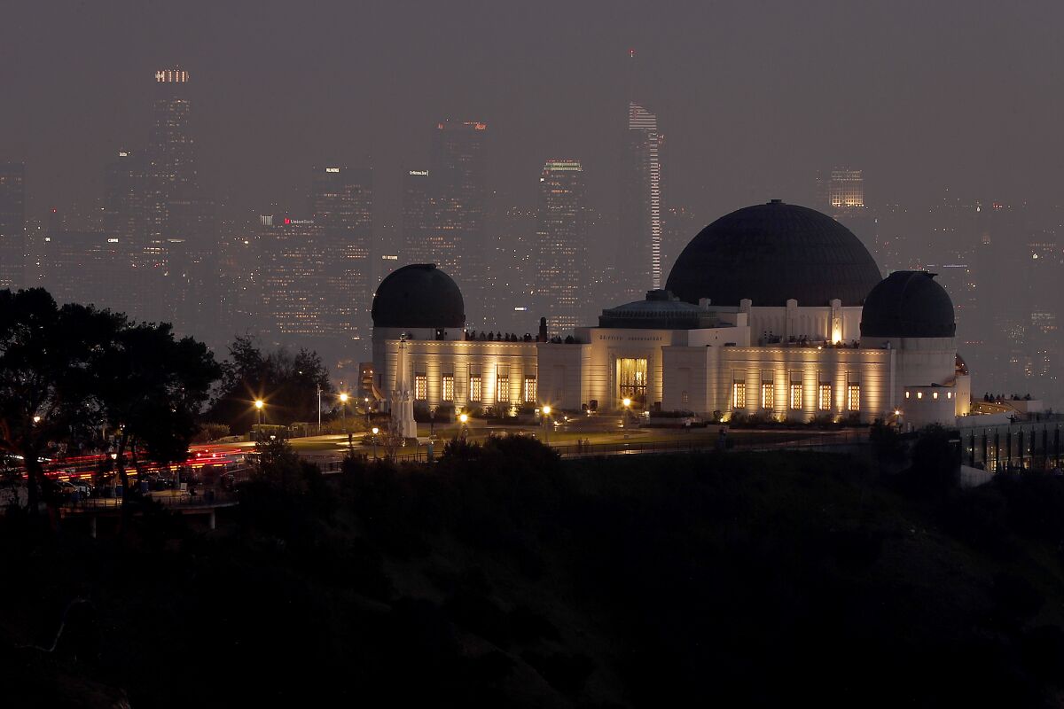 The Griffith Observatory at dusk.