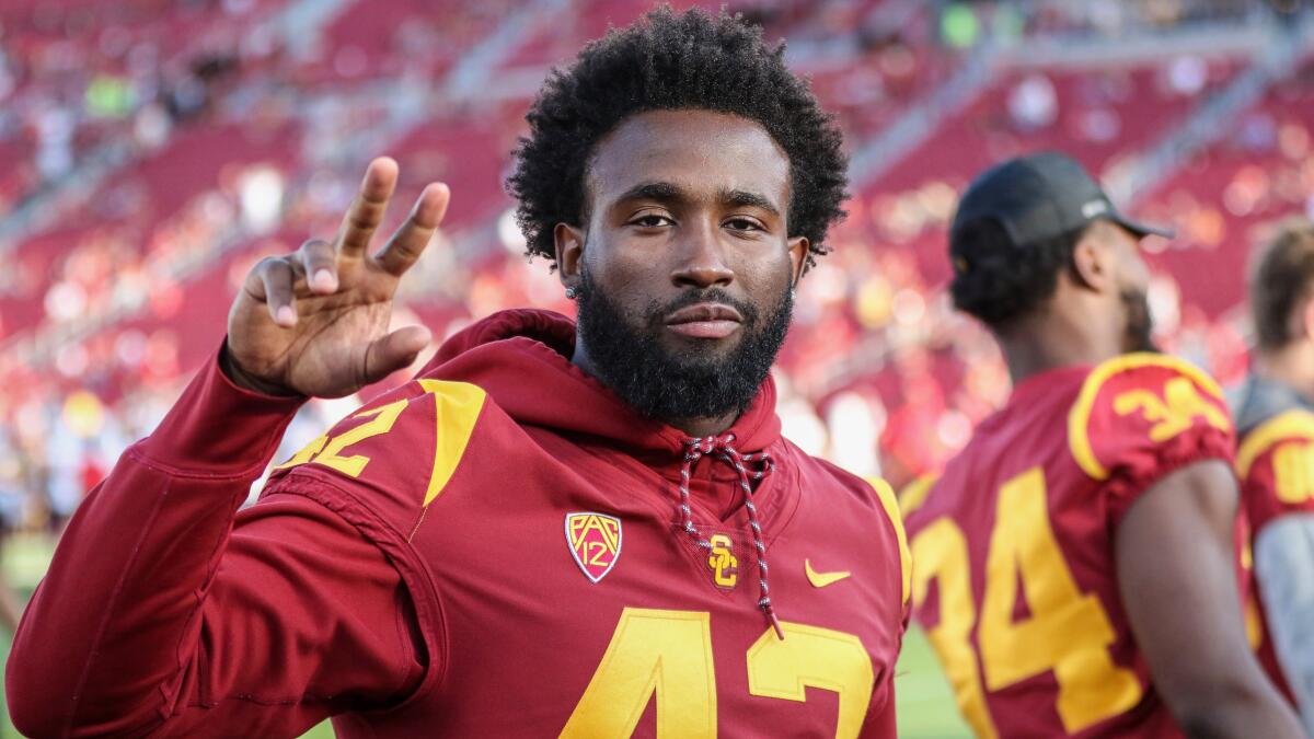 Former USC football player Abdul-Malik McClain gestures at a game in 2019.