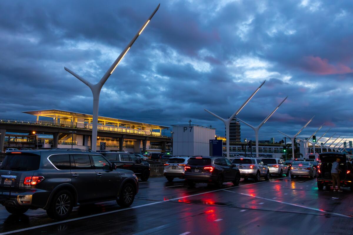 Cars wait in line at Los Angeles International Airport.