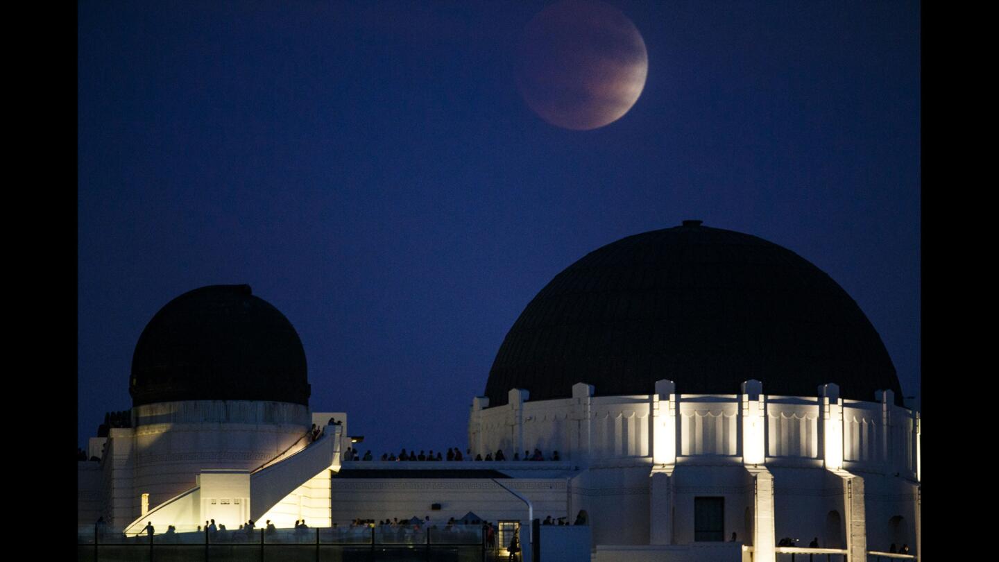 The blood moon rises during a lunar eclipse over the Griffith Observatory.