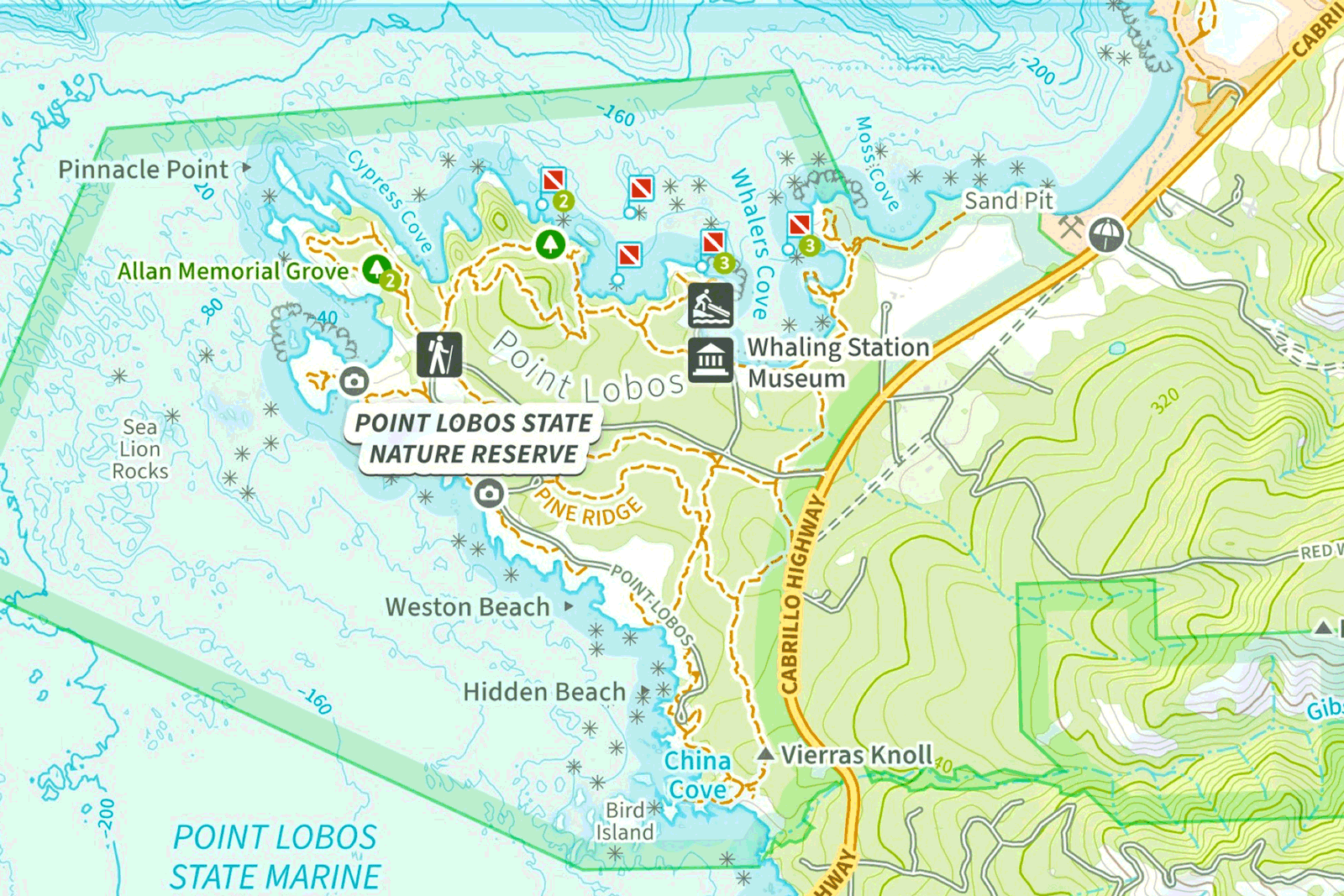 Alternating views of two maps of Monterey showing hiking trails