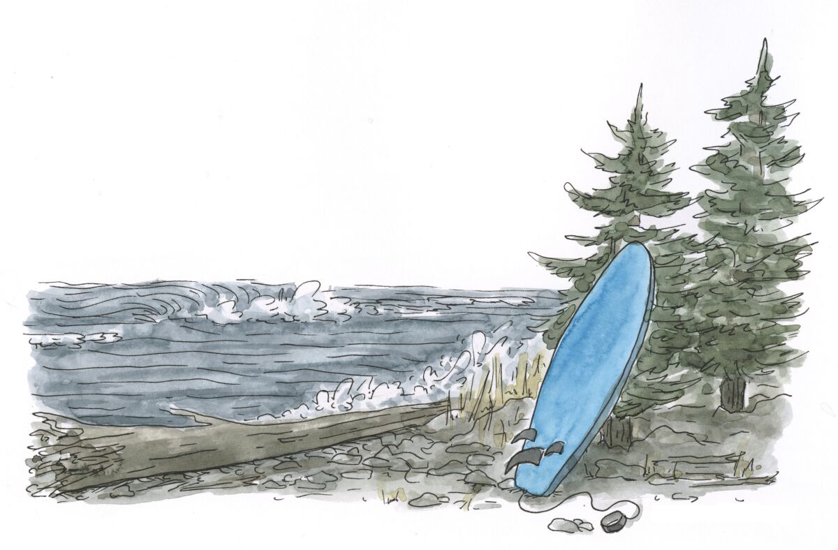 Illustration of a blue surfboard standing against trees at the ocean's edge.