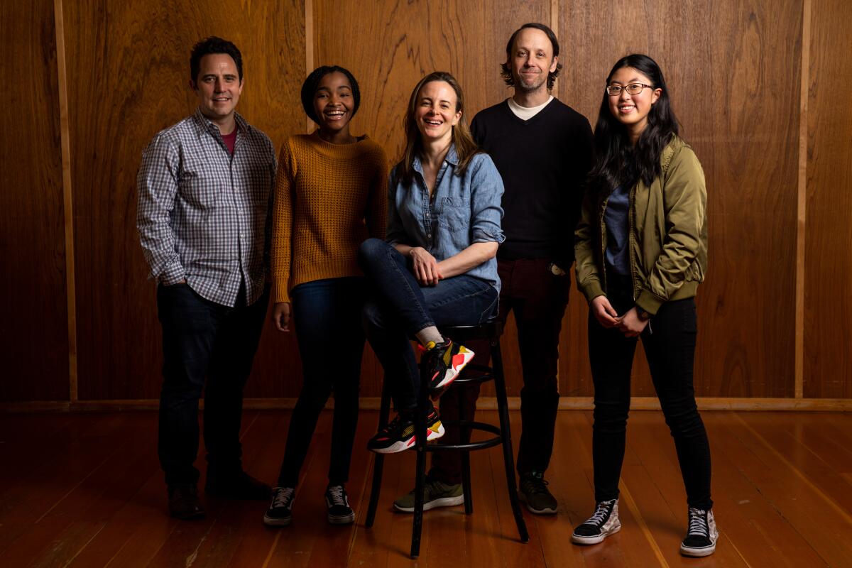 Newcomer Jocelyn Shek has "a lightness and a curiosity that overlaps with our show so well," said director Oliver Butler, far left, with cast members Rosdely Ciprian, star Maria Dizzia, Mike Iveson and Shek.