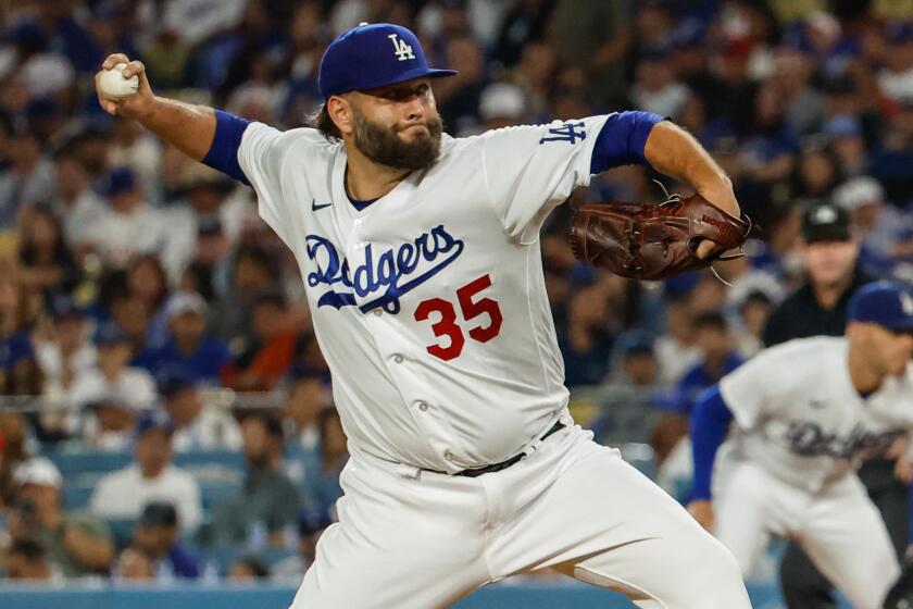 Los Angeles Dodgers' Lance Lynn pitches against the Colorado Rockies on Aug. 11, 2023, at Dodger Stadium.