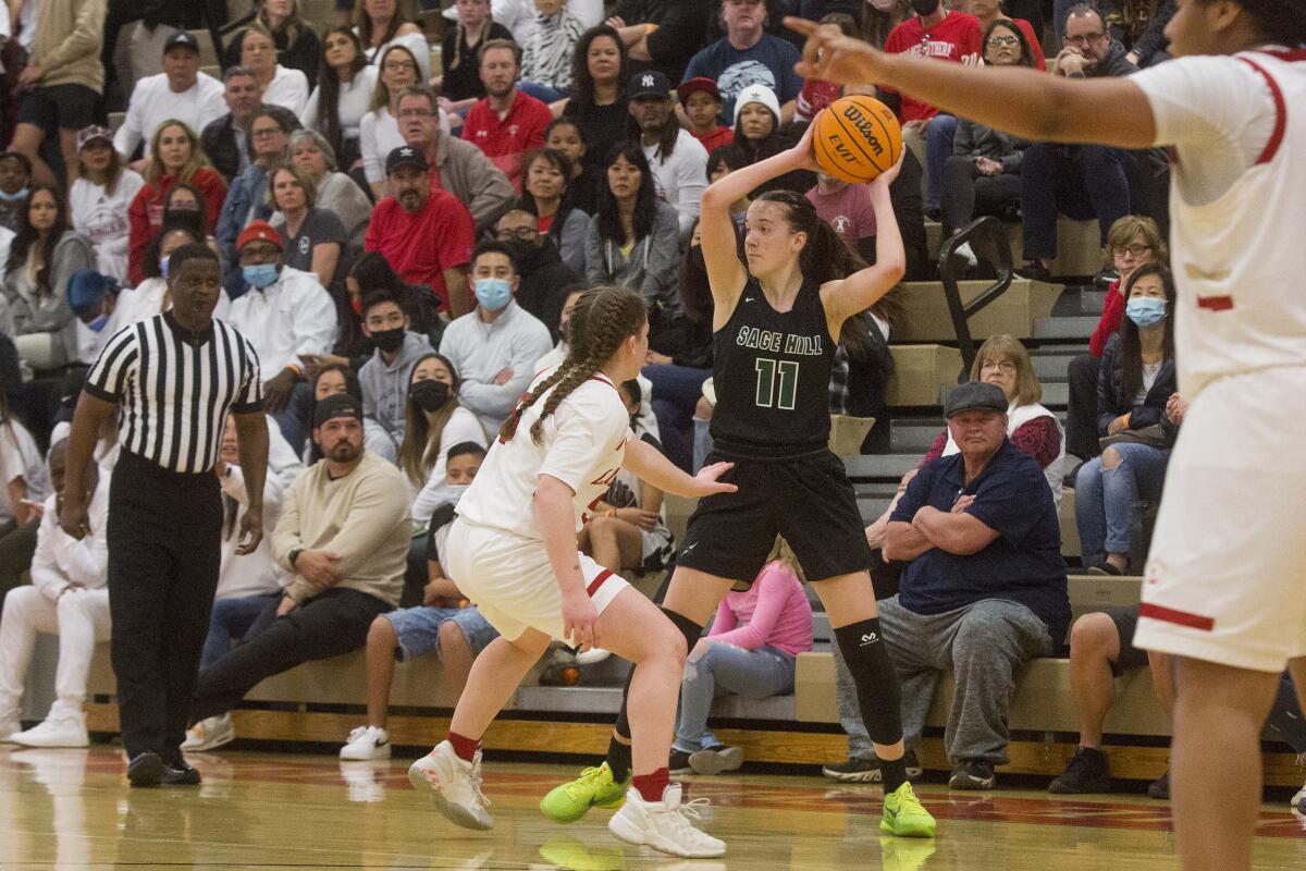 Sage Hill's Kat Righeimer passes the ball during the CIF Southern Section Division 2AA title game Saturday night.
