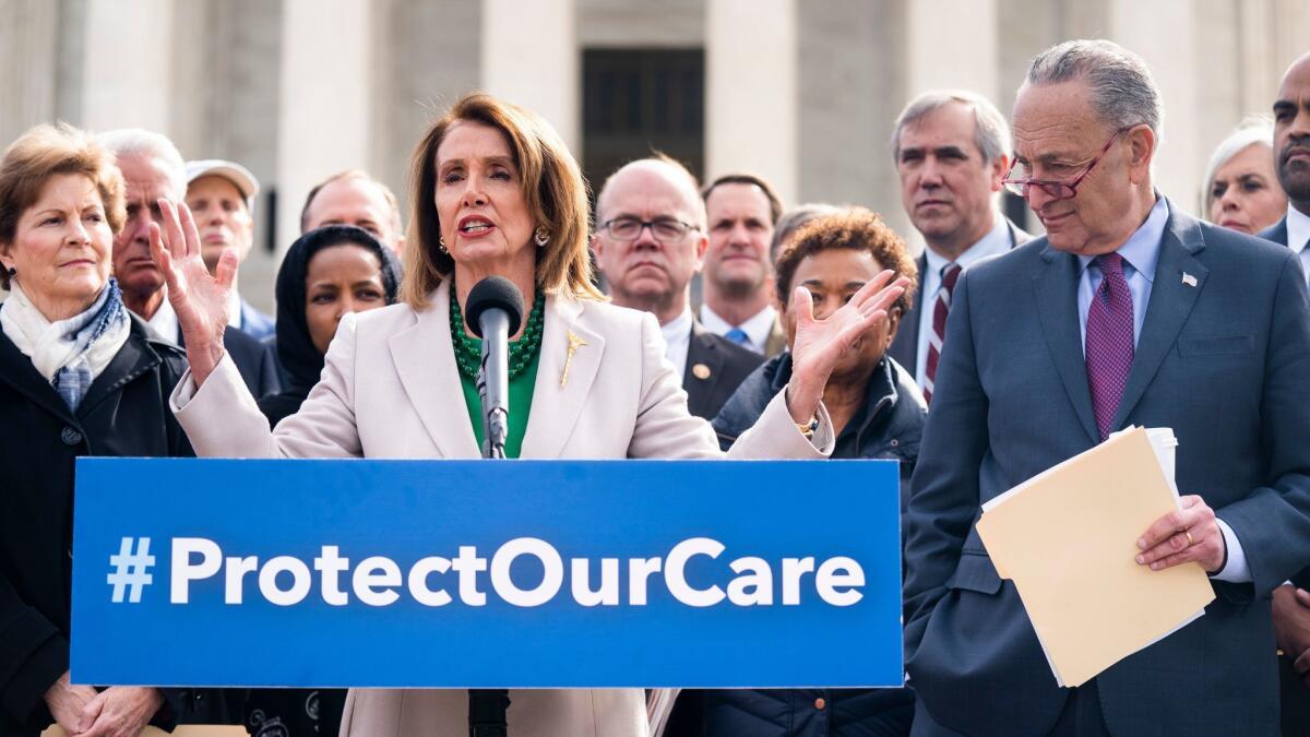 During a rally at the Supreme Court last month, House Speaker Nancy Pelosi (D-Calif.) and Senate Minority Leader Chuck Schumer (D-N.Y.) call on the Trump administration to halt the legal assault on Obamacare unfolding in a federal appeals court.