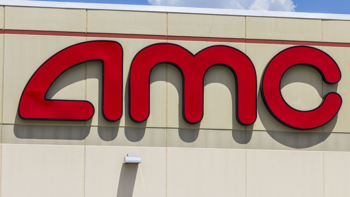 An AMC Theatres sign. The company has seen box office revenue drop significantly without new movies on the schedule.