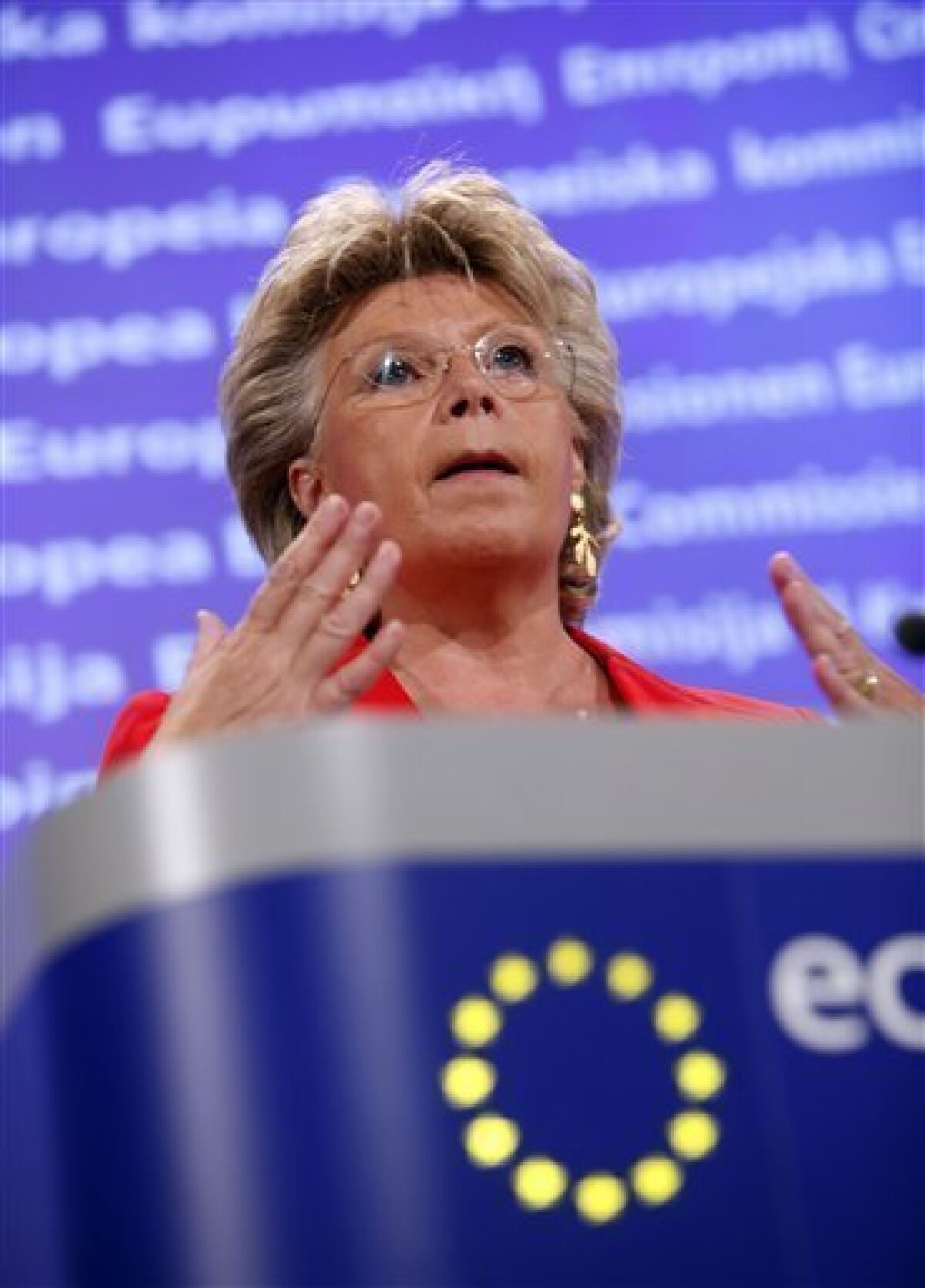 European Commissioner Vice President and Commissioner for Justice Viviane Reding speaks during a media conference at EU headquarters in Brussels, Tuesday, Sept. 14, 2010. Reding threatened France with legal action over the mass expulsions of Roma. France's deportations of Gypsies are "a disgrace" and probably break EU law, the European Union's executive body has declared, setting up a showdown with the government of French President Nicolas Sarkozy. (AP Photo/Virginia Mayo)