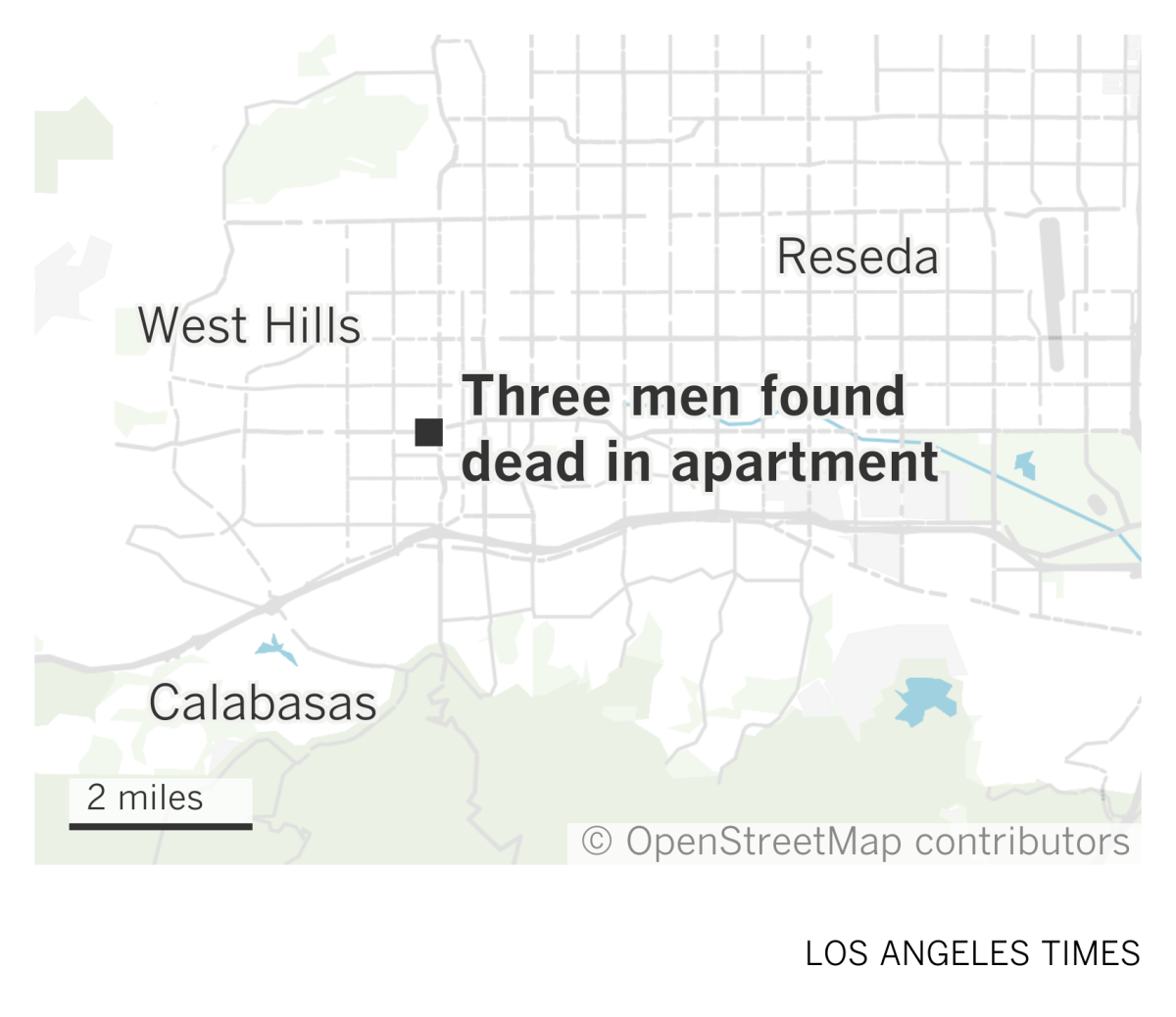 A map of the west San Fernando Valley showing where three men were found dead in an apartment in Woodland Hills