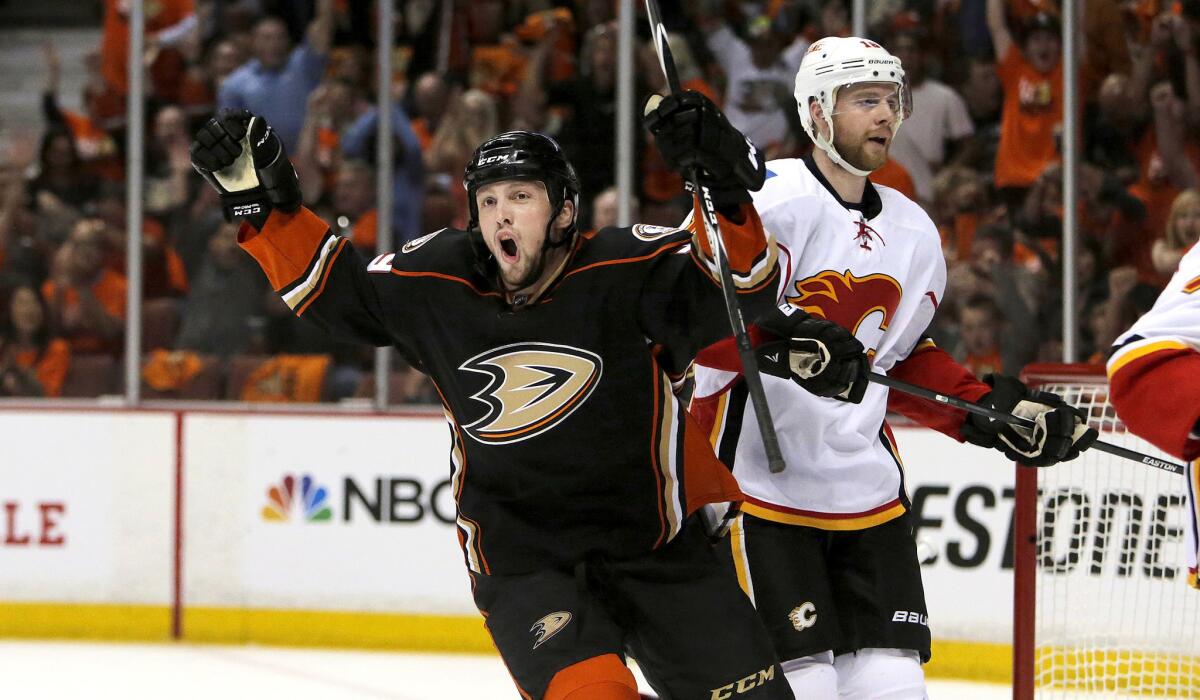 Left wing Matt Beleskey reacts after giving the Ducks a 1-0 lead over the Flames in the first period of Game 1 on Thursday night in Anaheim.