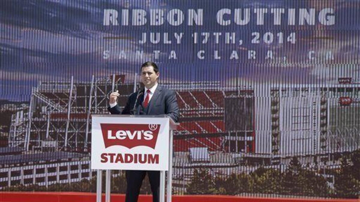 San Francisco 49ers Chief Executive Jed York, a member of the billionaire DeBartolo family that owns the team, speaks before the ribbon-cutting of Levi's Stadium in Santa Clara.