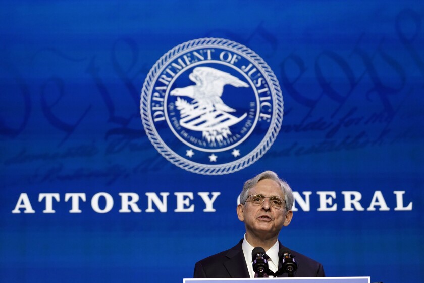 Attorney General nominee Merrick Garland speaks during an event with President-elect Joe Biden and Vice President-elect Kamala Harris at The Queen theater in Wilmington, Del., Thursday, Jan. 7, 2021. (AP Photo/Susan Walsh)