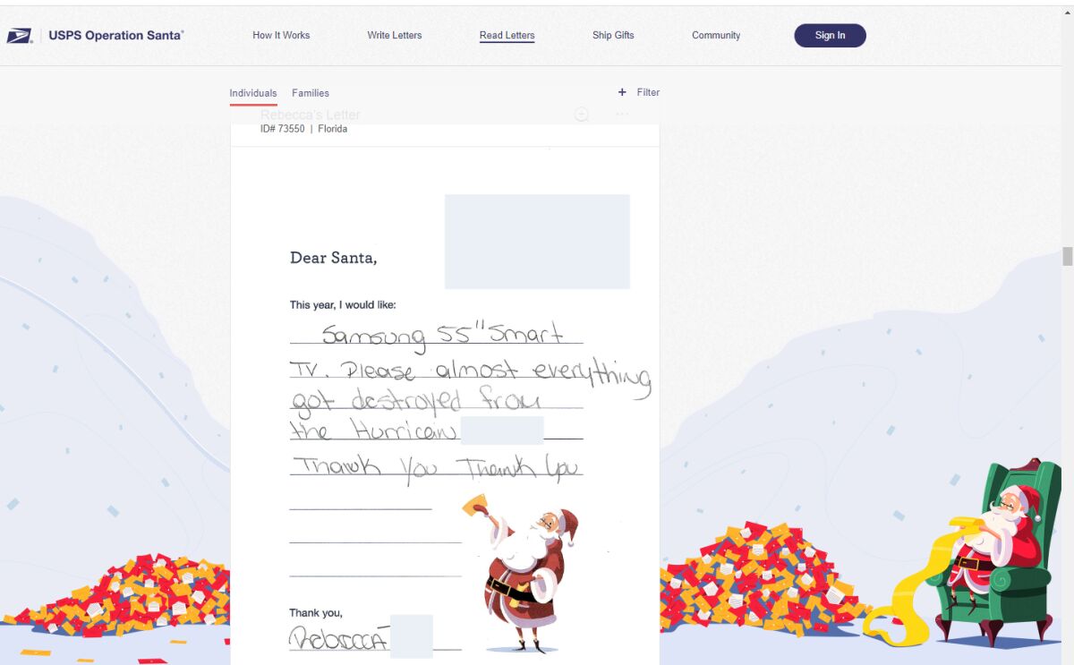 A letter from Rebecca in Florida on the U.S. Postal Service's Operation Santa website