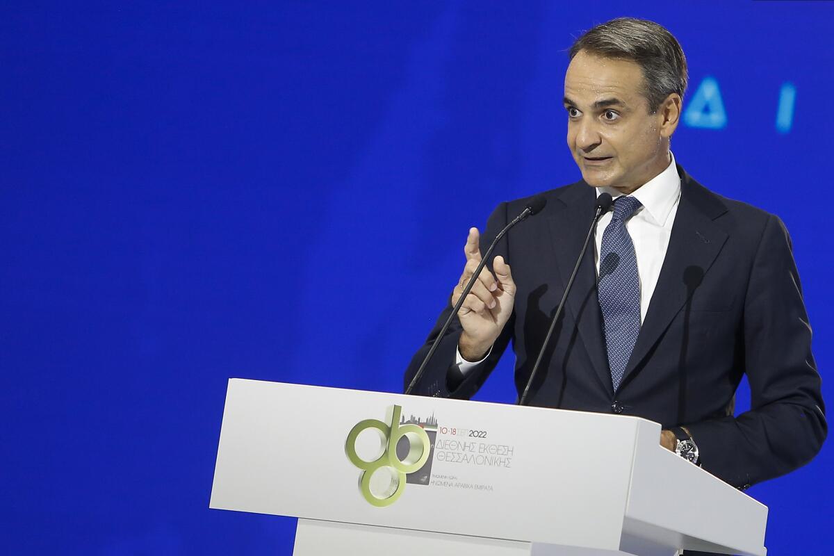 Greece's Prime Minister Kyriakos Mitsotakis, addresses attendants at the opening ceremony the Thessaloniki International Trade Fair, in the northern Greek city of Thessaloniki, Saturday, Sept. 10, 2022. (AP Photo/Giannis Papanikos)