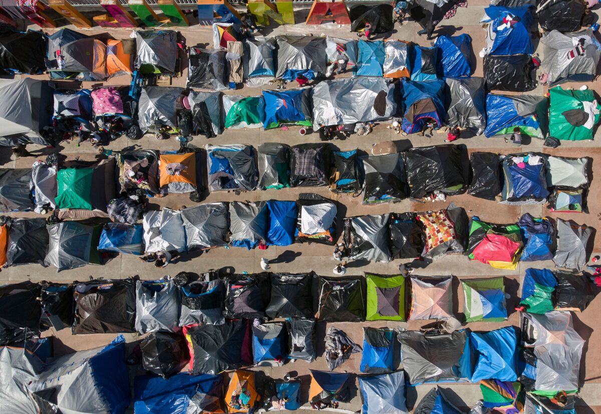 Aerial view of a migrants camp in Tijuana