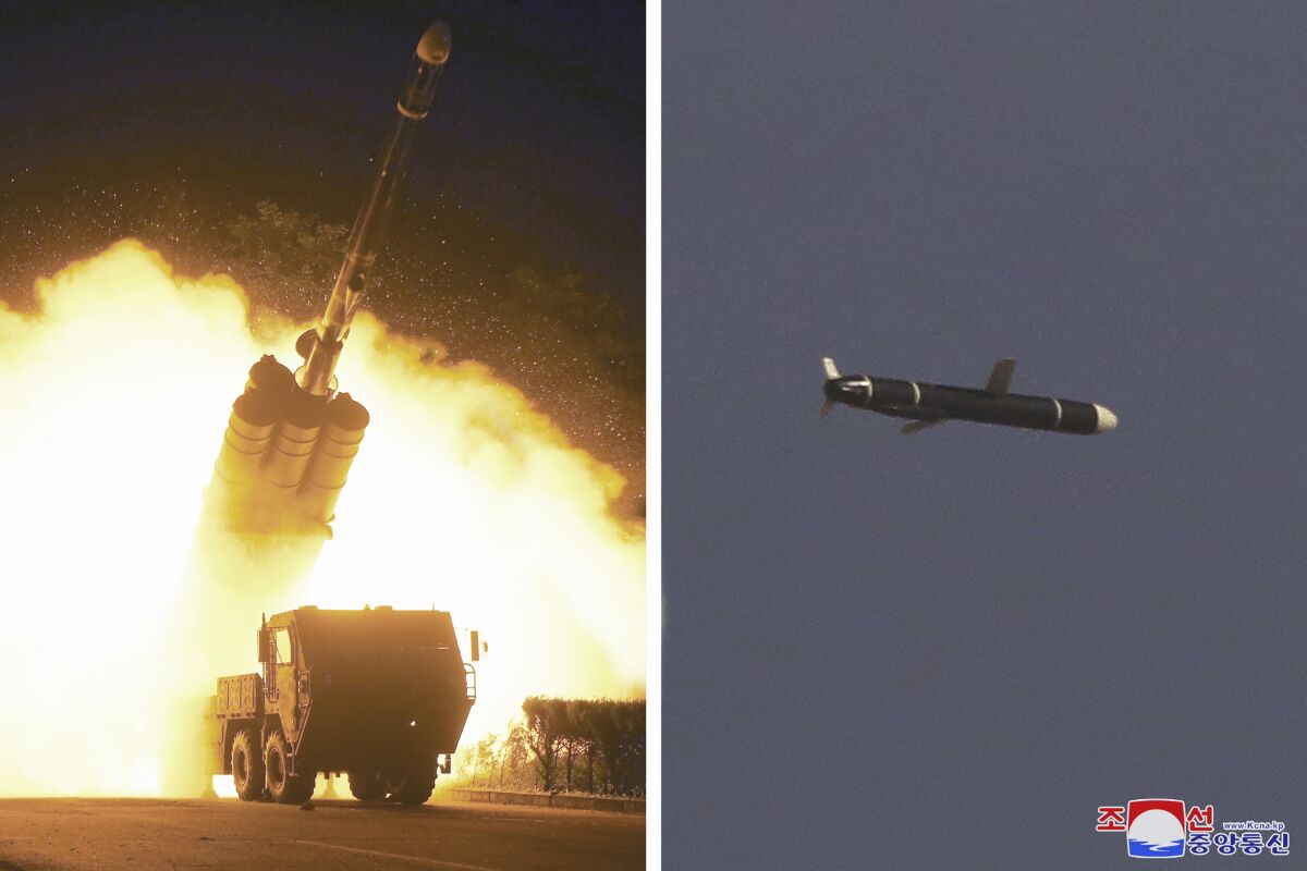 Combination of photos shows a blastoff from a giant vehicle and a flying missile 