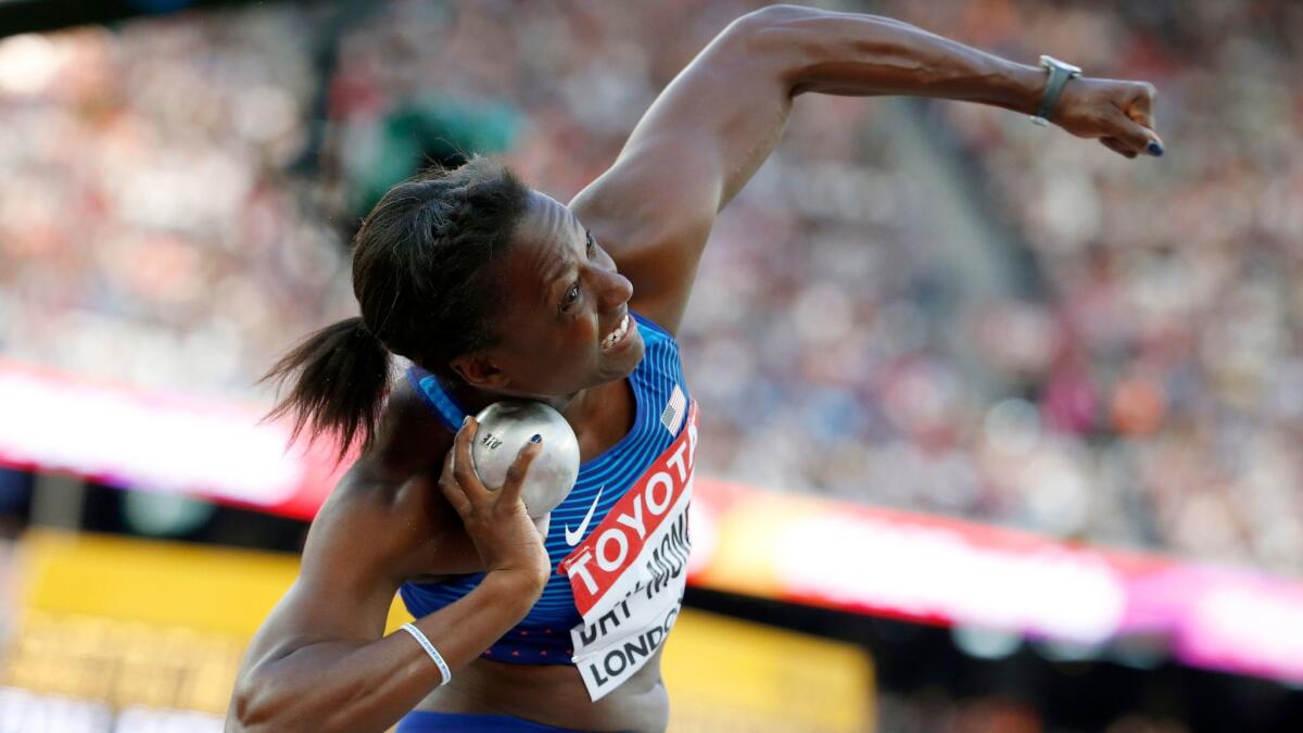 United States' Sharon Day-Monroe, a Costa Mesa High graduate, finished second in the shot put event of the women's heptathlon during the IAAF World Championships on Aug. 5.