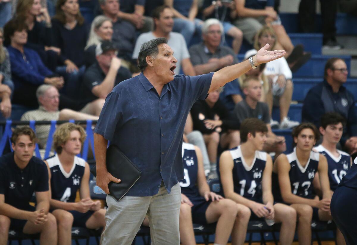 Newport Harbor High coach Rocky Ciarelli, pictured arguing at Corona del Mar on April 17, guided the Sailors to a sweep against San Clemente in Saturday's CIF Southern Section Division 1 quarterfinal match.