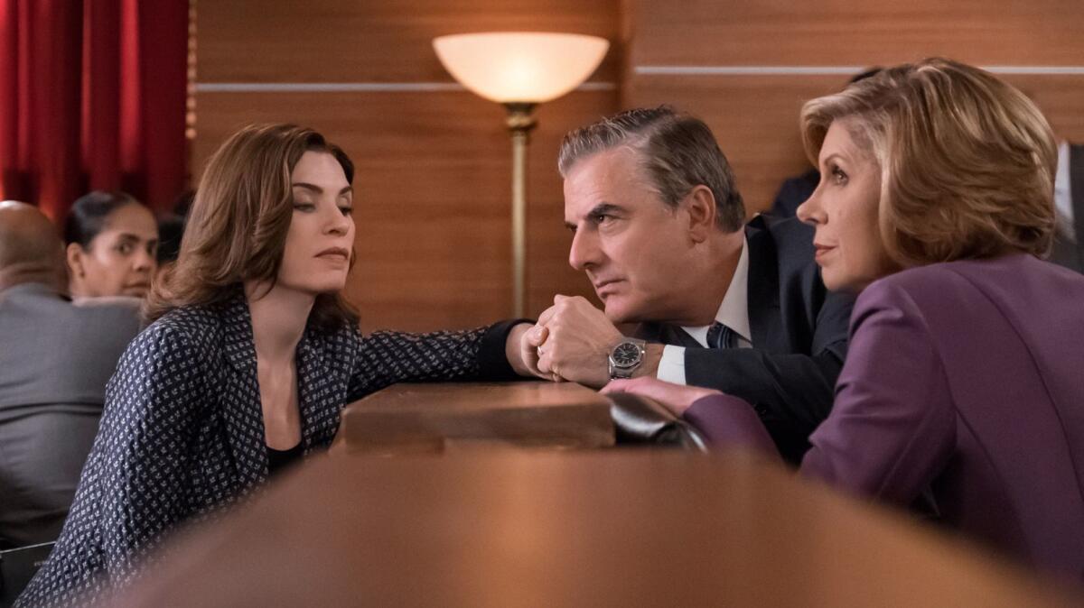 Julianna Margulies as Alicia Florrick, from left, Chris Noth as Peter Florrick and Christine Baranski as Diane Lockhart in a scene from CBS' "The Good Wife."