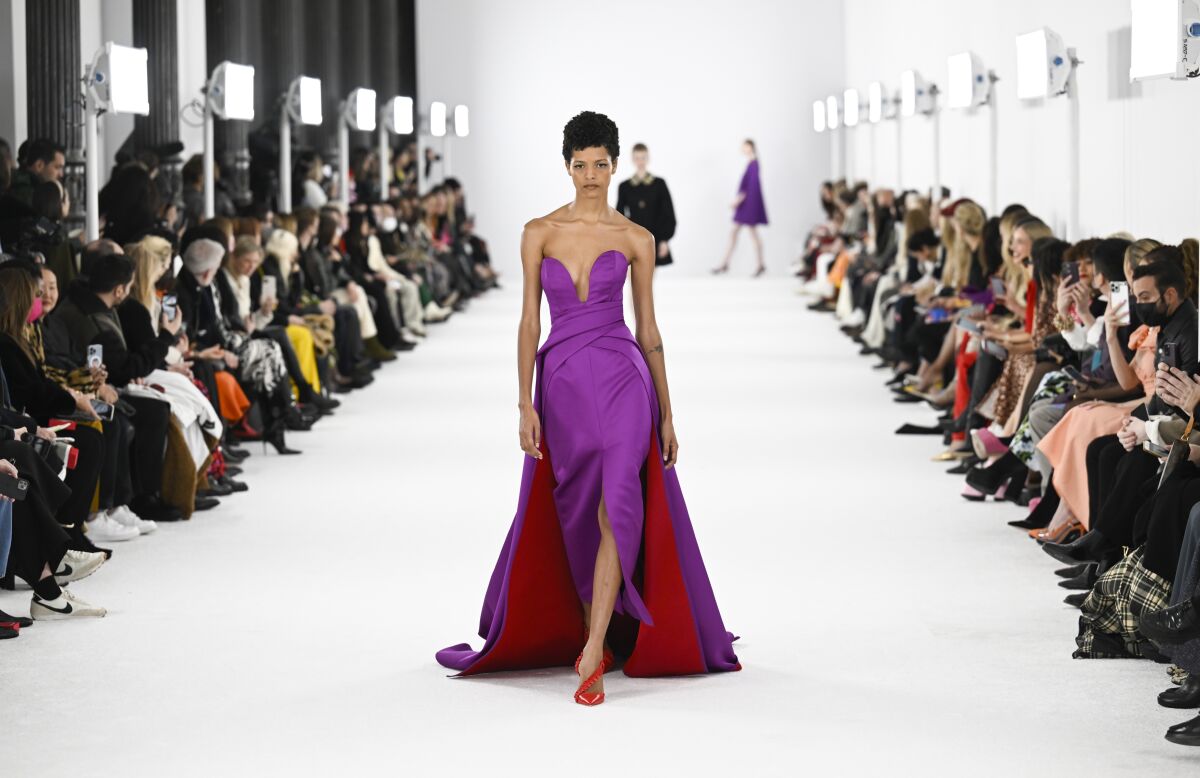 A model walks the runway during the Carolina Herrera Fall/Winter 2022 collection during New York Fashion Week on Monday, Feb. 14, 2022, in New York. (Photo by Evan Agostini/Invision/AP)