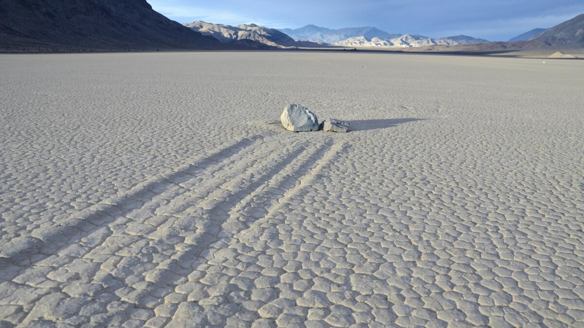 The Racetrack, in the outback of Death Valley, is where a unique combination of cold, wind and water causes some rocks to gradually slide across the usually dry old lake bed.