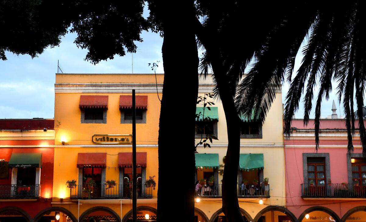 A view of the restaurants around the zocalo in Puebla, Mexico.