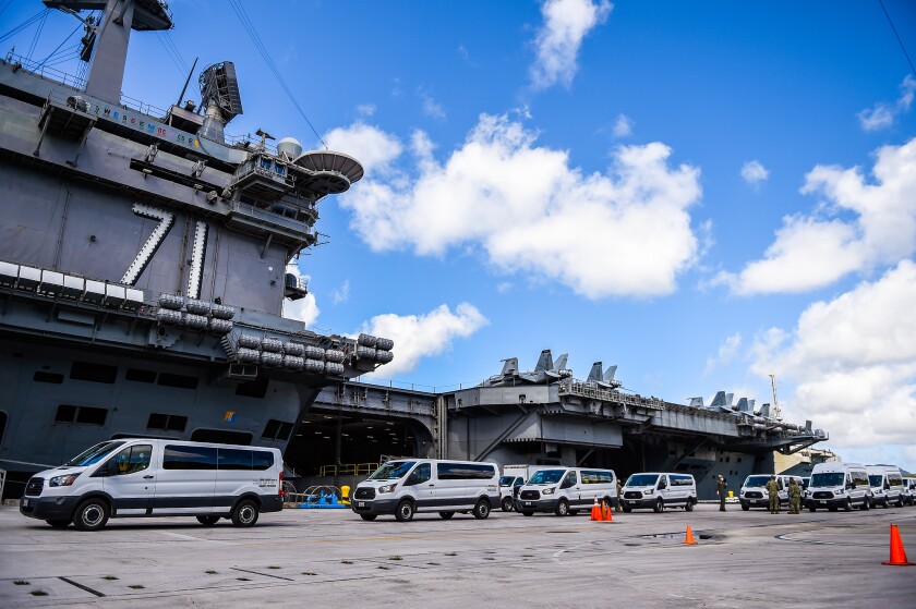 NAVAL BASE GUAM — Seabees assigned to Naval Mobile Construction Battalion 1 and 5 coordinate transportation of sailors assigned to the aircraft carrier USS Theodore Roosevelt who have tested negative for COVID-19 and are asymptomatic from Naval Base Guam to government of Guam and military- approved commercial lodging.